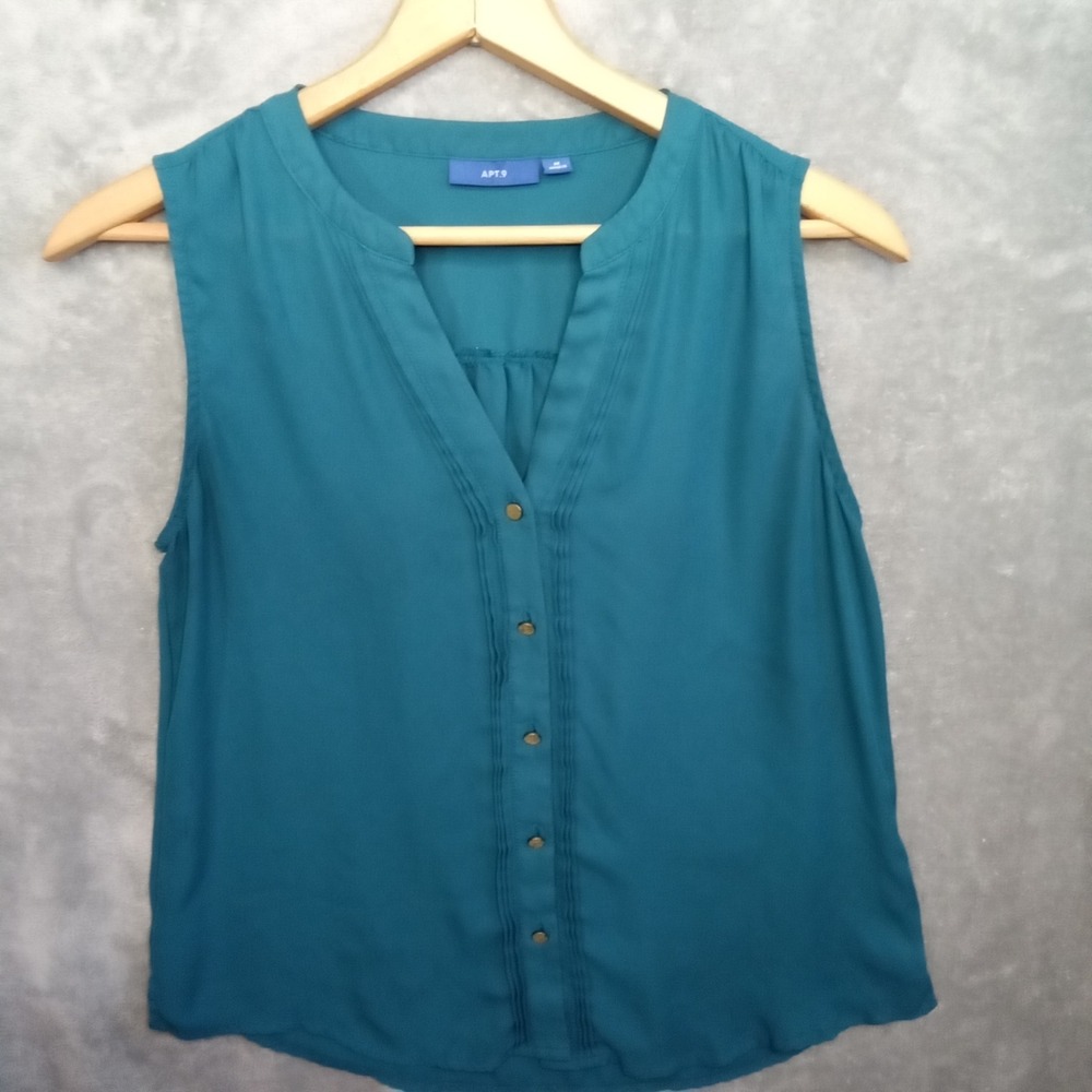 Apt 9 Teal Blue V Neck Sleeveless Button Front Blouse Women Size‎ M